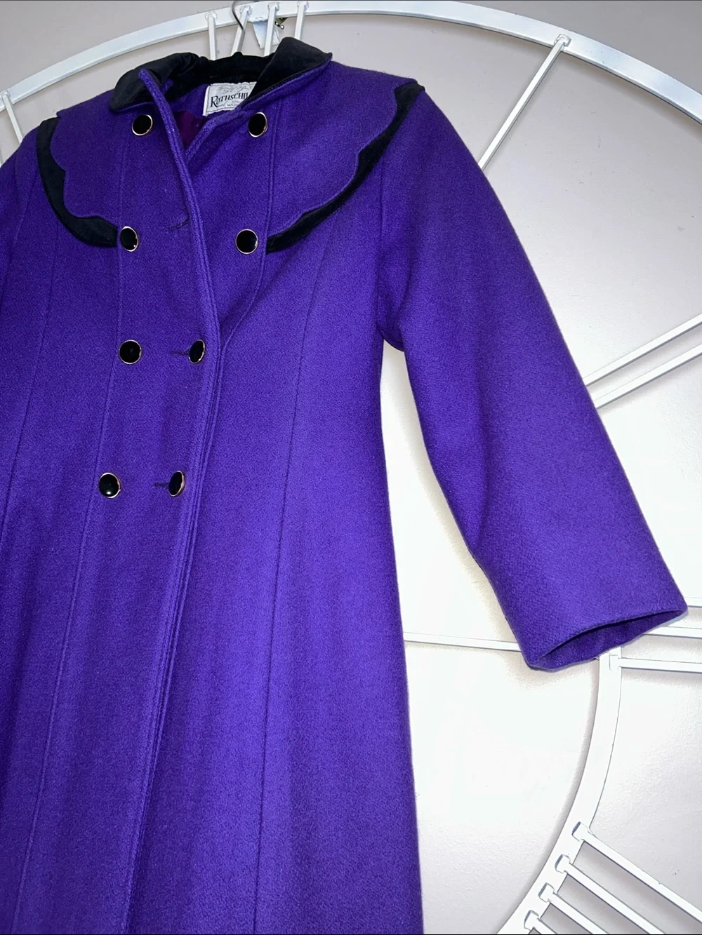 Vintage Rothschild Vibrant Purple Double-Breasted Wool Coat with Black Trim
